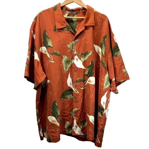 Tommy Bahama Hawaiian Shirt Mens XXL 2XL Orange Silk Button Up Cruise Camp Top - Picture 1 of 10